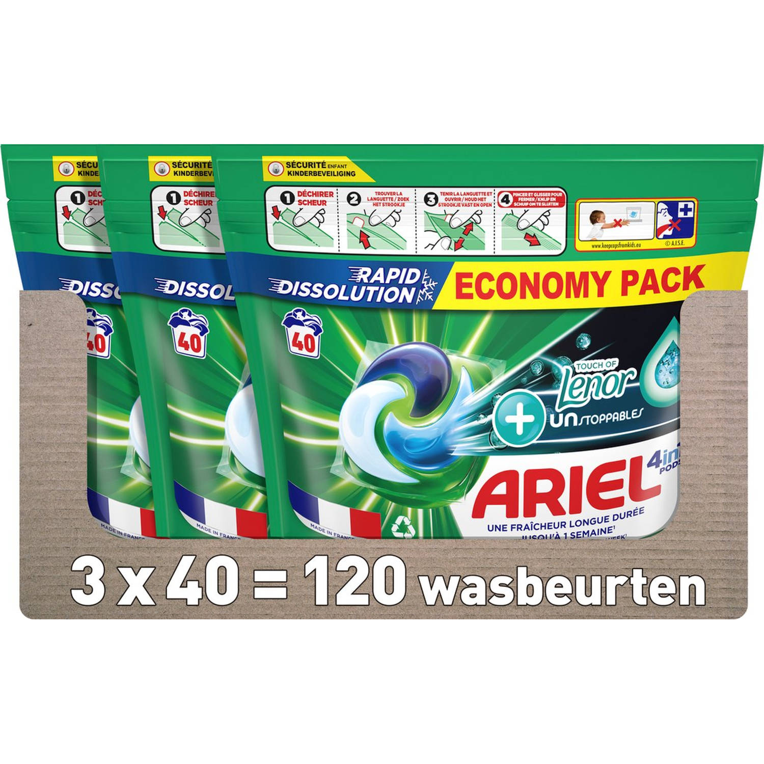 Ariel 4in1 pods + Touch Van Lenor Unstoppables 3x40 Wasbeurten Voordeelverpakking