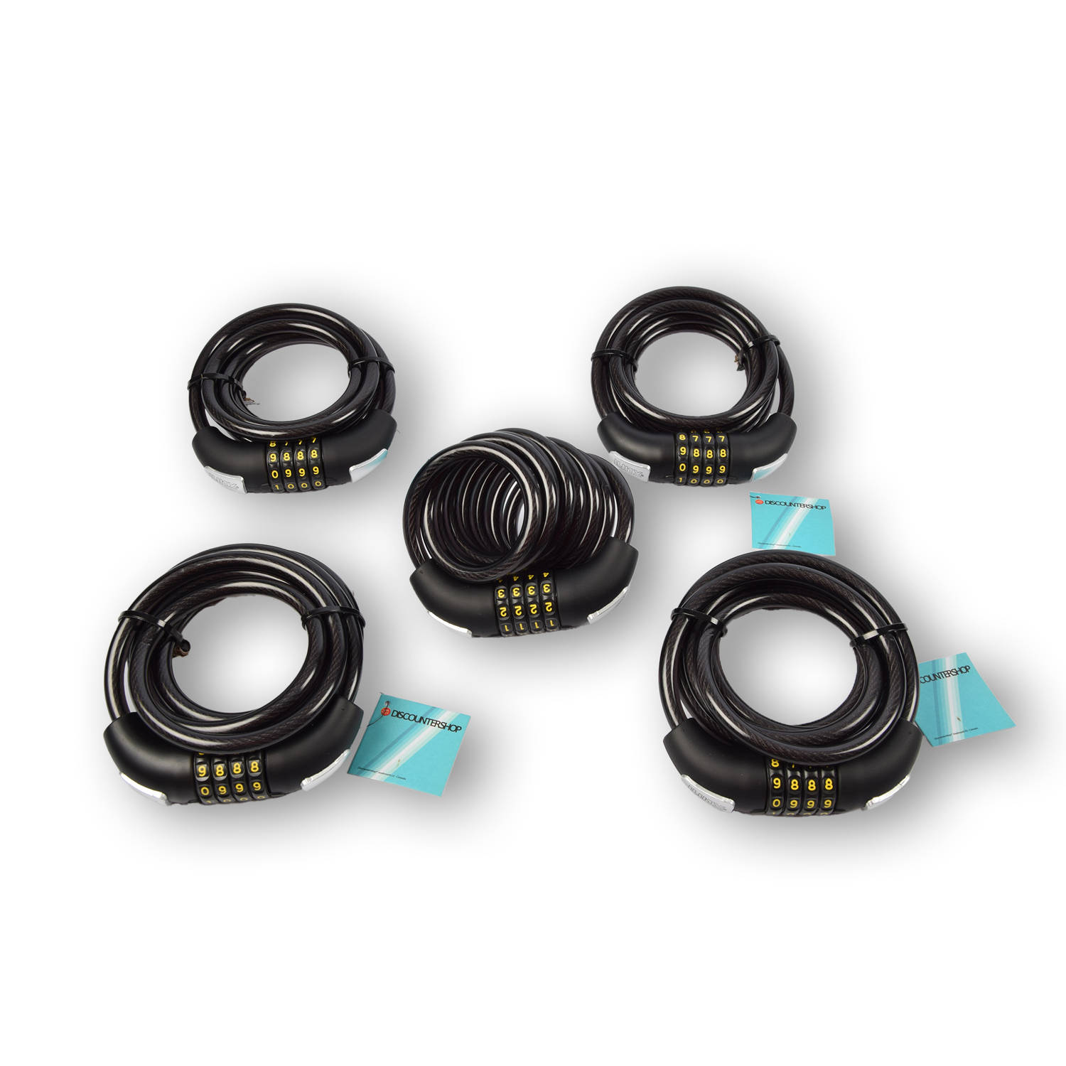 Set van 5 Code Kabelsloten voor Electrische Fietsen - Kunststof en Rubber Cijferslot Fiets - 180cm x 10mm - Zwarte – Durzaam Fietsaccessoires