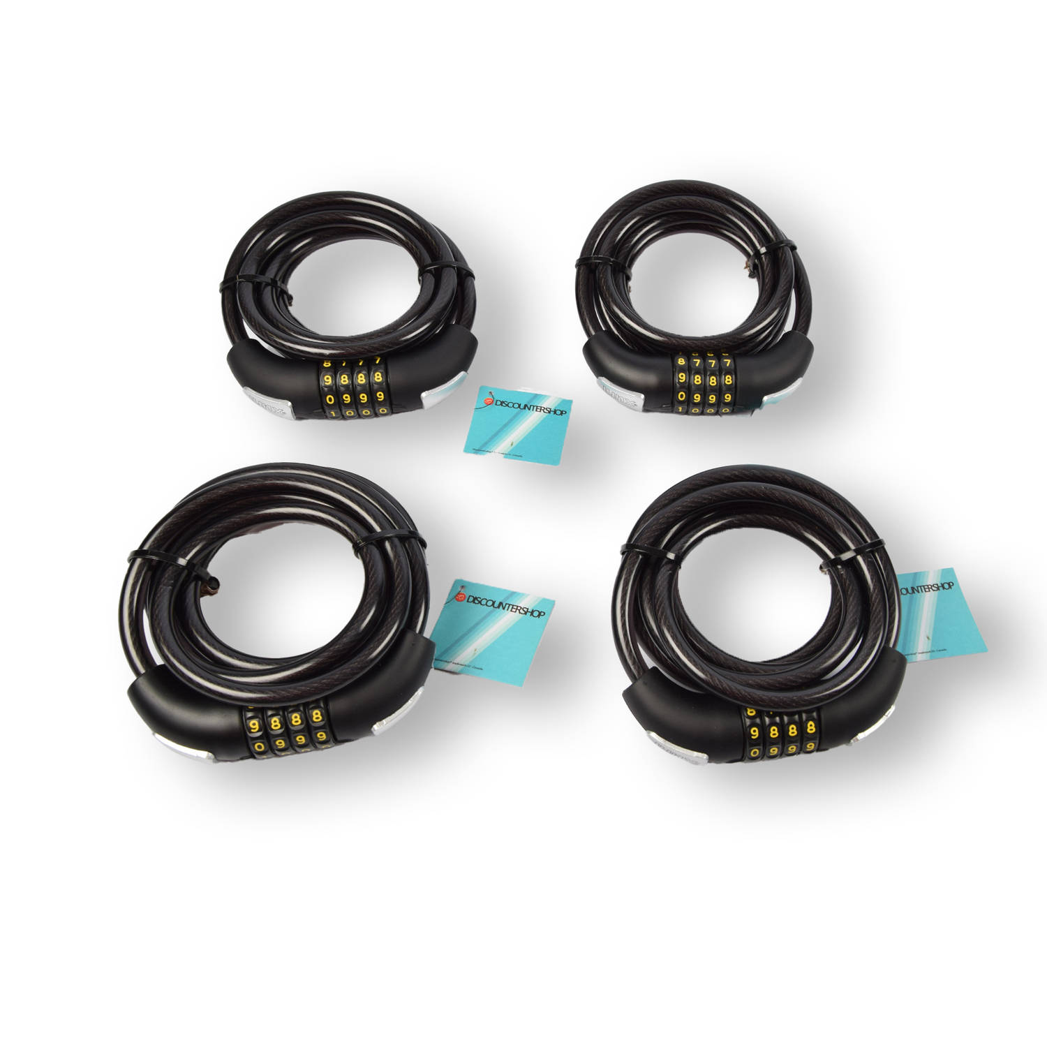 Set van 4 Code Kabelsloten voor Electrische Fietsen - Kunststof en Rubber Cijferslot Fiets - 180cm x 10mm - Zwarte – Durzaam Fietsaccessoires