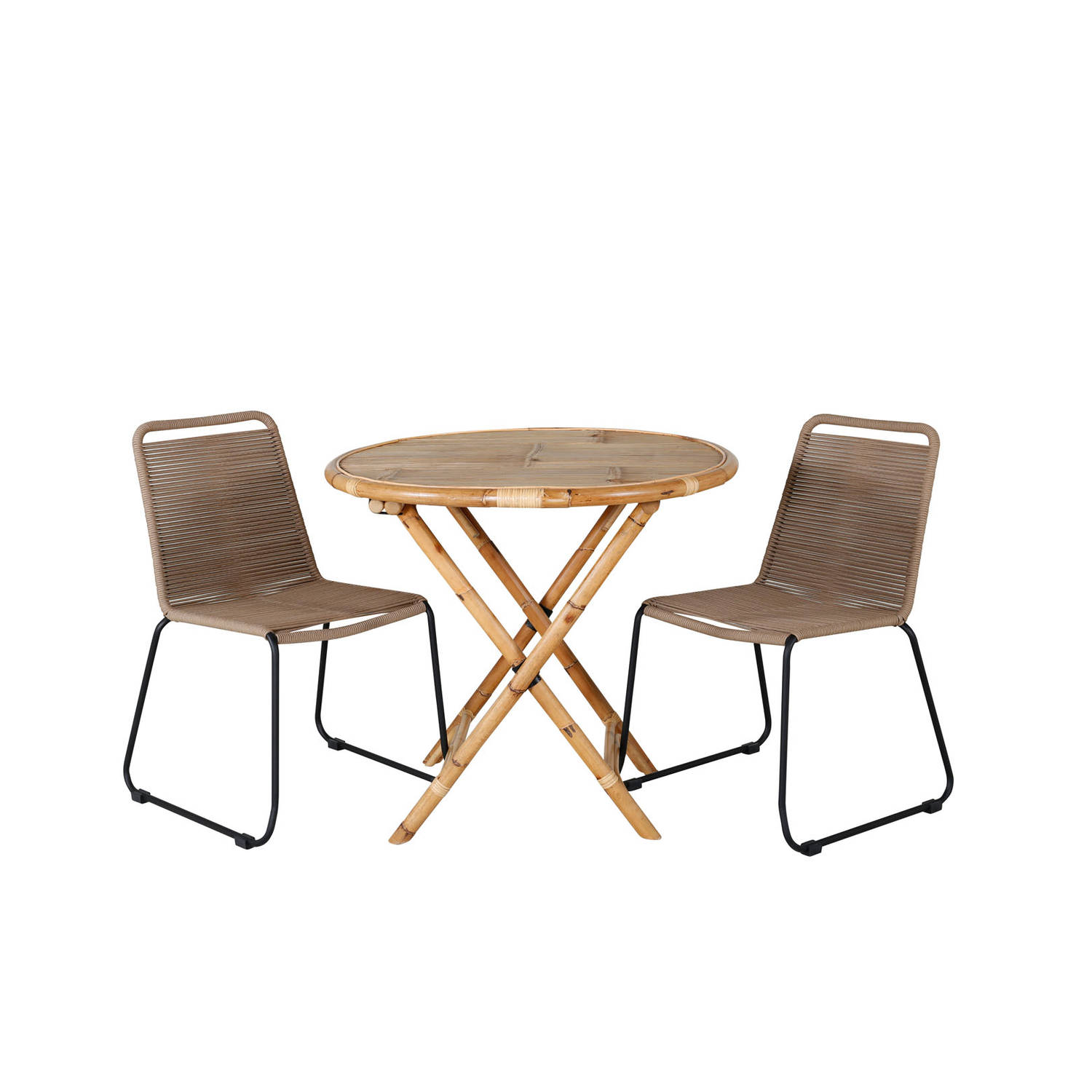 Cane tuinmeubelset tafel Ø80cm en 2 stoel L Lindos zwart, naturel.