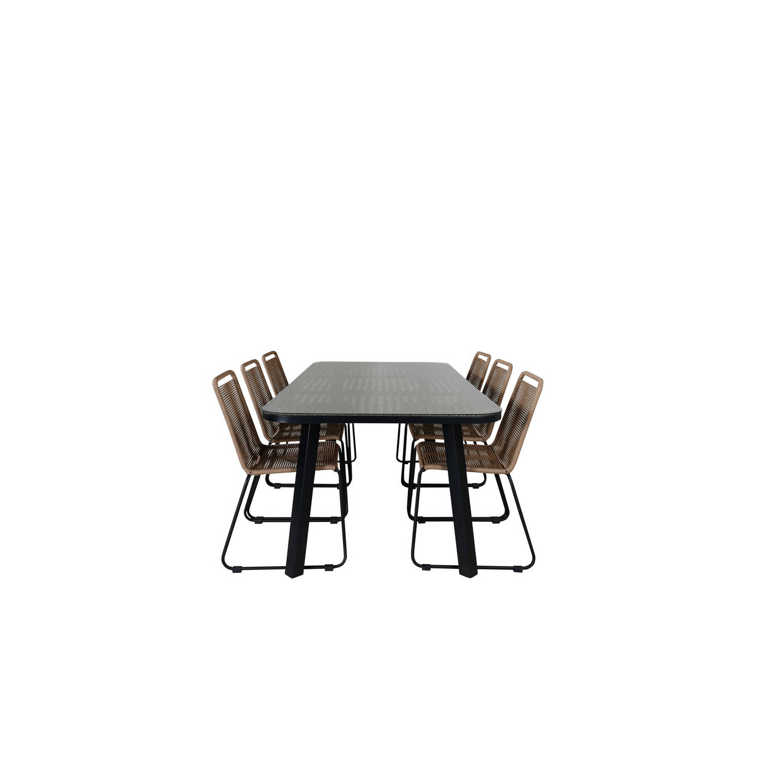 Paola tuinmeubelset tafel 100x200cm en 6 stoel stapelL Lindos zwart, naturel.