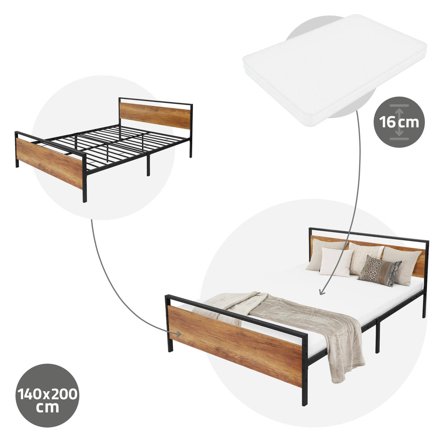 ML-Design metalen bed zwart, 200x140 cm, gemaakt van stalen frame