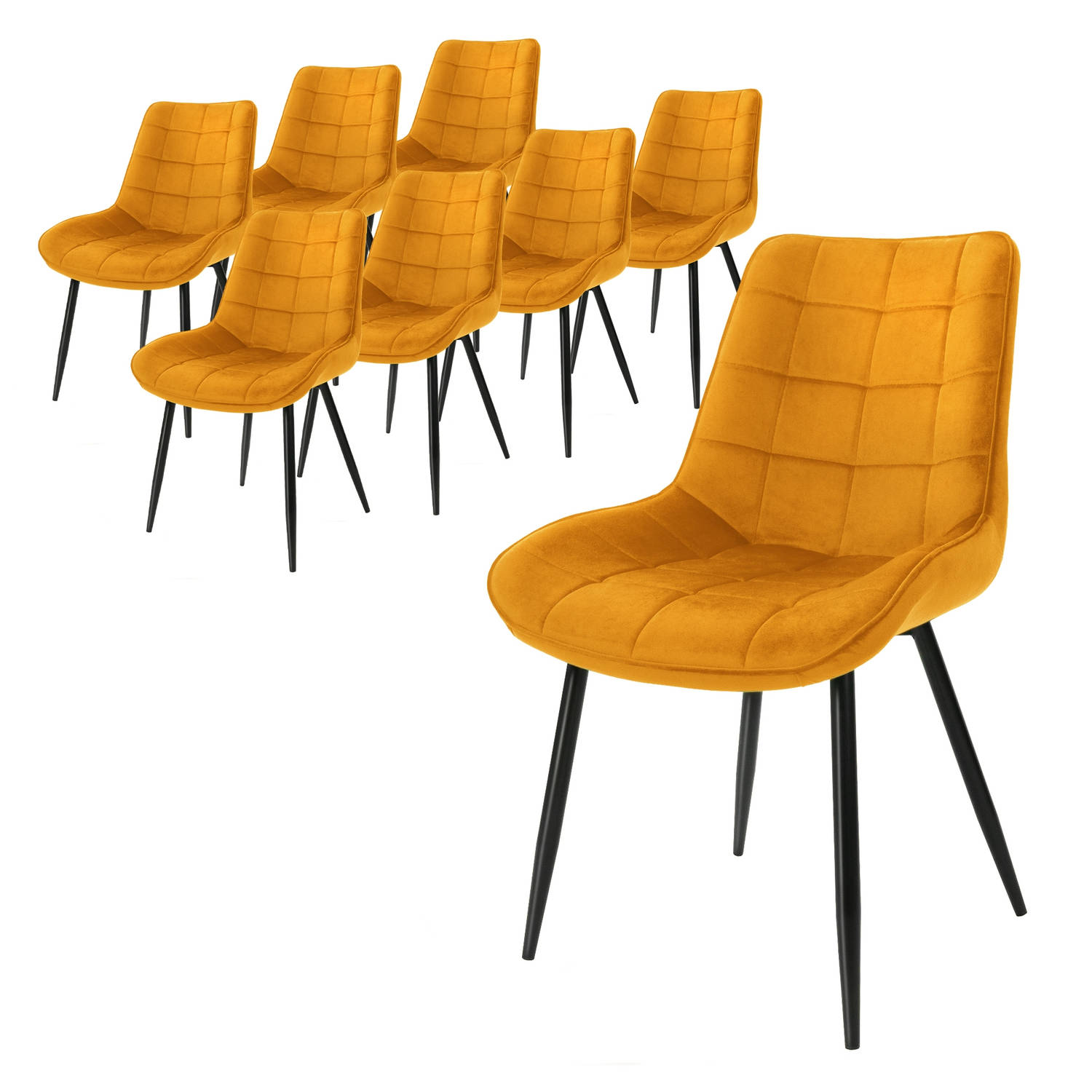 ML-Design Set van 8 eetkamerstoelen met rugleuning, oker, keukenstoel met fluwelen bekleding, gestoffeerde stoel met metalen poten, ergonomische stoel voor eettafel, woonkamerstoel