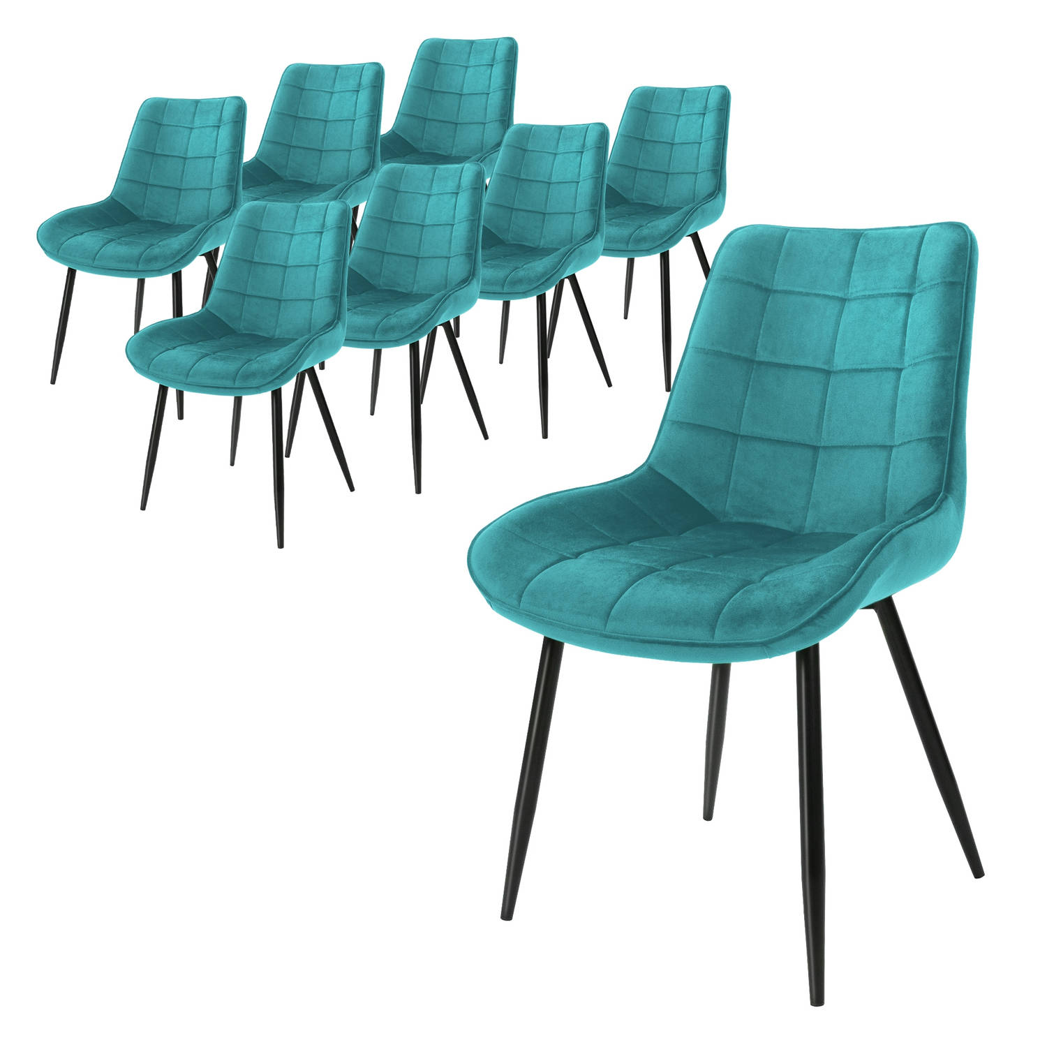 ML-Design Set van 8 eetkamerstoelen met rugleuning, turquoise, keukenstoel met fluwelen bekleding, gestoffeerde stoel met metalen poten, ergonomische stoel voor eettafel, woonkamer