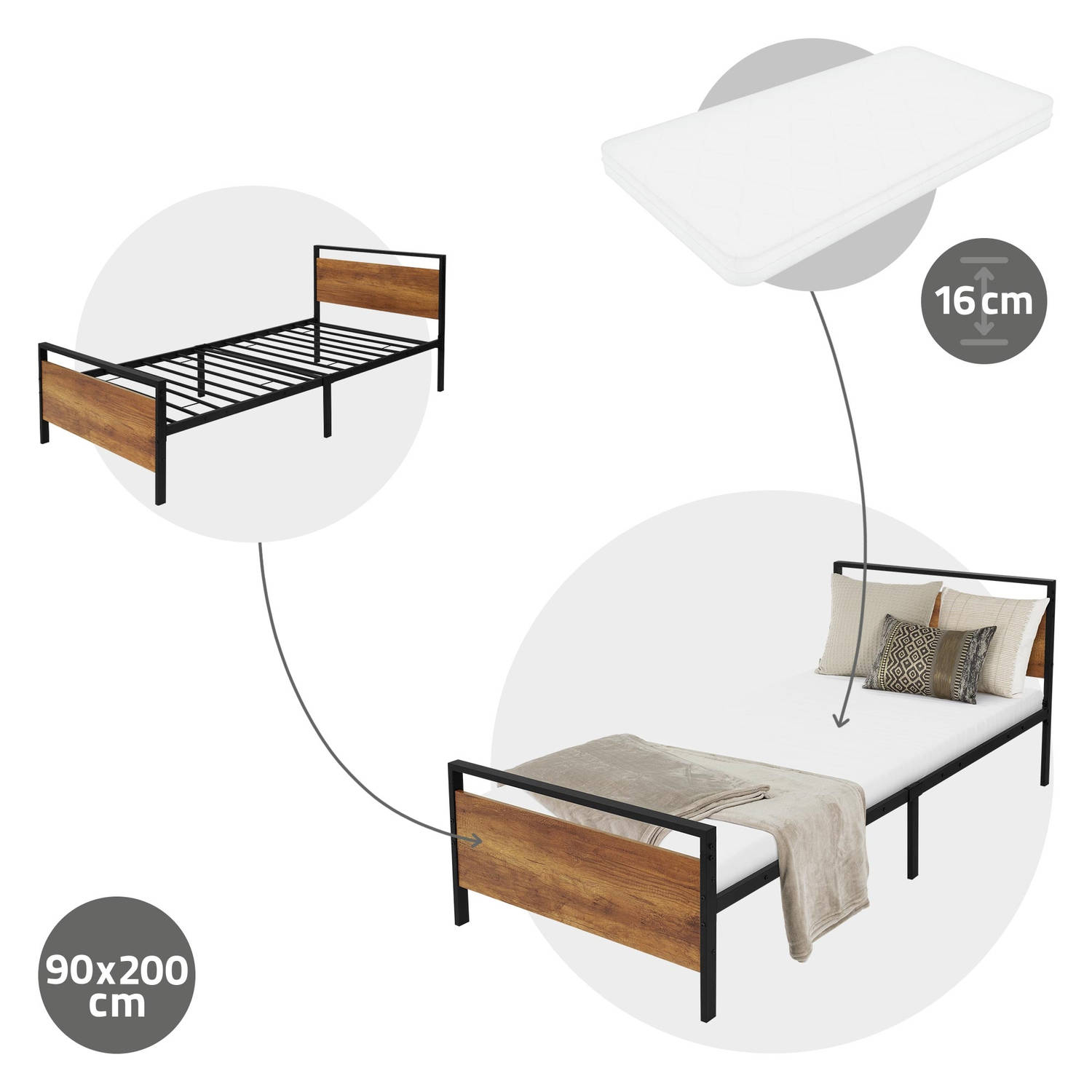 ML-Design metalen bed 90x200 cm met matras H:16 cm & lattenbodem bedframe met houten hoofdbord en vo