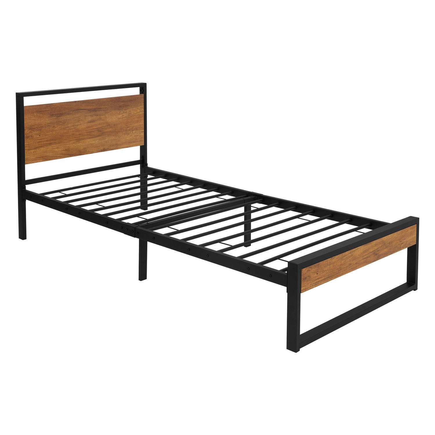 ML-Design metalen bed 90x200 cm met lattenbodem, bedframe met houten hoofdbord en voeteneind, zwartbruin, staal, rustiek bedframe, bed voor slaapkamer/gastenkamer, eenpersoonsbed l