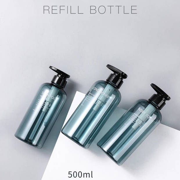 Set van 3 Navulbare Fles met Pomp – Petrol Blauw – 500ml – Voor Shampoo, conditioner en Bodywash