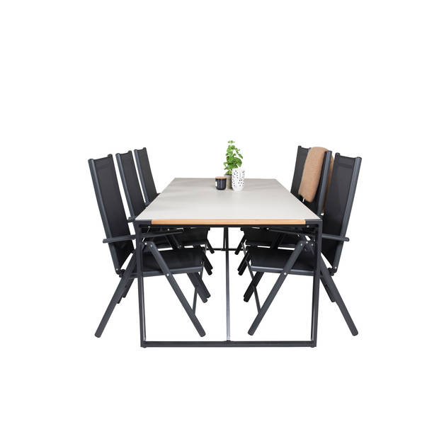 Texas tuinmeubelset tafel 100x200cm en 6 stoel Break zwart, grijs, naturel.