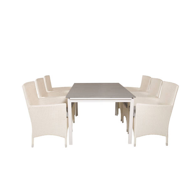 Levels tuinmeubelset tafel 100x160/240cm en 6 stoel Malin wit, grijs.