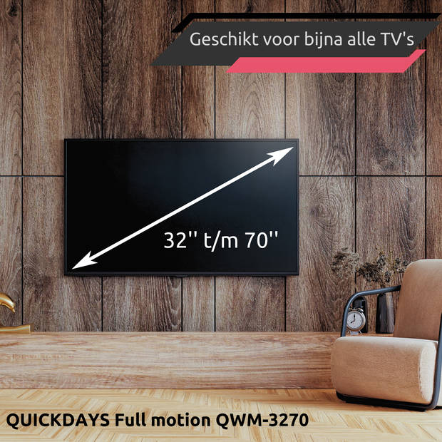 QuickDays TV Beugel - Draaibaar en Kantelbaar - 26 tot 70 Inch - Tot 45 KG – Universeel - Muurbeugel - Zwart -