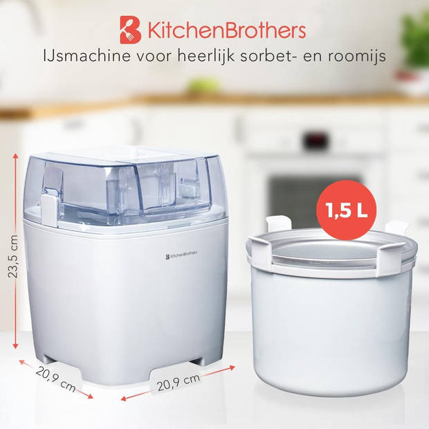 KitchenBrothers IJsmachine - IJsmaker - Sorbetijs - Roomijs - Yoghurtijs - 1,5L - Wit