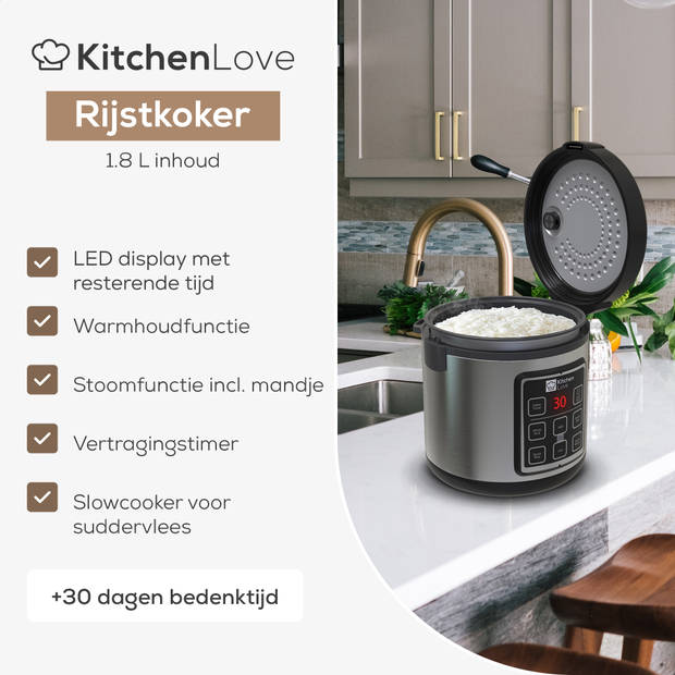 KitchenLove Rijstkoker met Stomer - 1.8L - Multicooker - Rice Cooker - Slowcooker - Zwart RVS