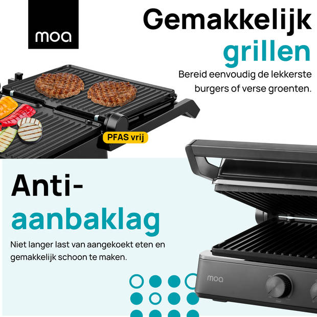 MOA Contactgrill - Anti-aanbaklaag - 2400 Watt - Zwevende Bovendeksel - Uitneembare platen - Zwart - CG24B