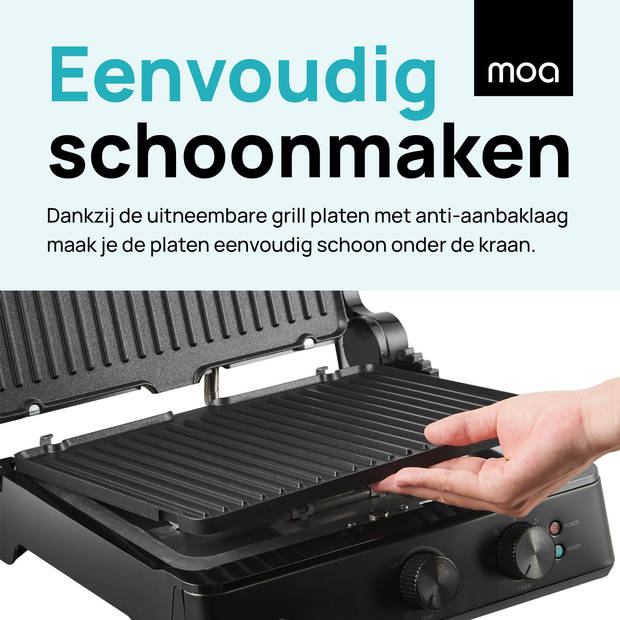 MOA Contactgrill - Anti-aanbaklaag - 2400 Watt - Zwevende Bovendeksel - Uitneembare platen - Zwart - CG24B