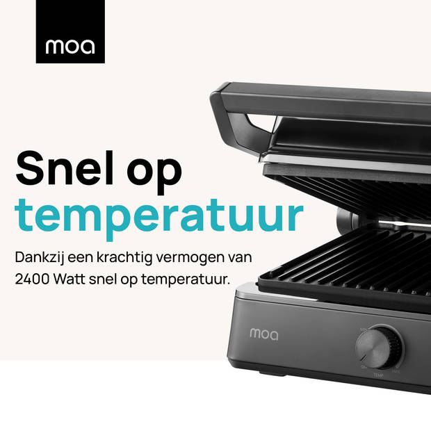 MOA Contactgrill - Anti-aanbaklaag - 2400 Watt - Zwevende Bovendeksel - Uitneembare platen - Zwart - CG24B