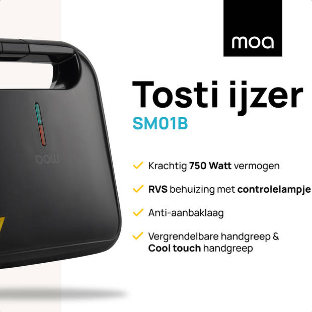 MOA Tosti apparaat - Tosti ijzer - Contactgrill - Sandwichmaker - Anti aanbaklaag - 20 x 22 cm - 750 watt - Zwart