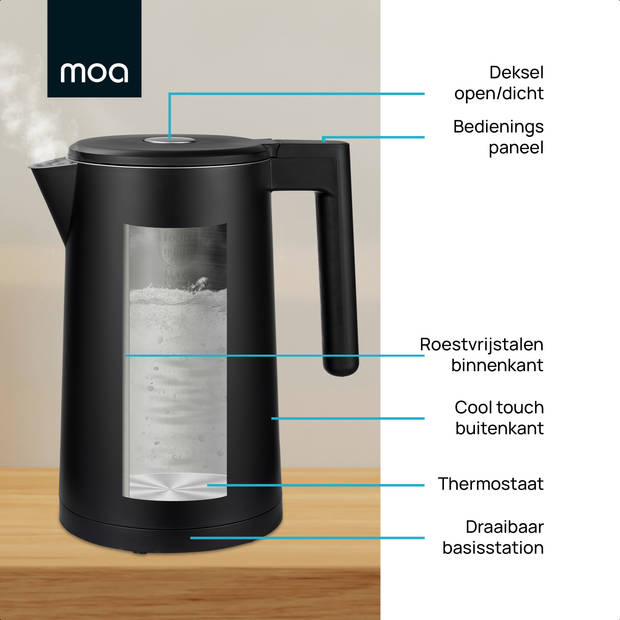 MOA Waterkoker 1,7 liter - Dubbelwandig - Modern - RVS - BPA-vrij - Elektrisch - Temperatuurregeling - Warmhoudfunctie -