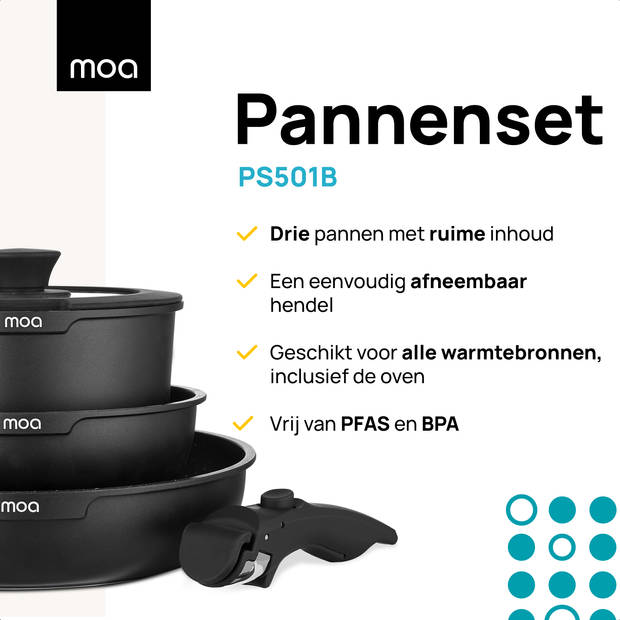 MOA Pannenset - 5 delig - Alle warmtebronnen - PFAS vrij - Anti aanbaklaag - Pannenset Inductie - Aluminium - Afneembare