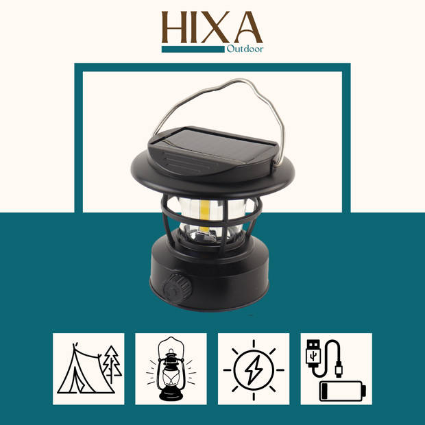 HIXA Kampeerlamp - Stormlantaarn - Campinglamp - LED - Solar - Oplaadbaar