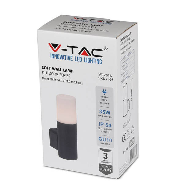 V-TAC VT-7616 GU10 Buitenverlichting - wandlamp - Mat Zwart - GU10 - IP54