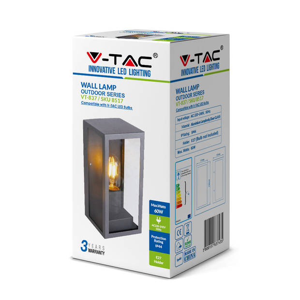 V-TAC VT-837-B E27 Buitenverlichting - wandlamp - Mat Zwart - IP44