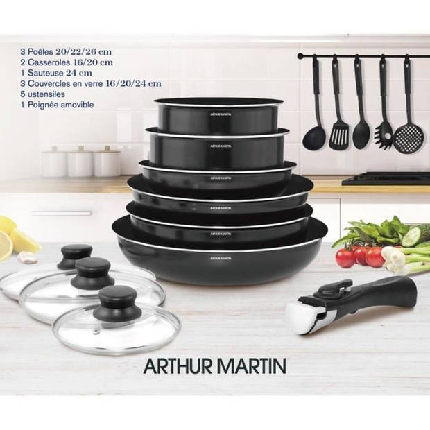 Arthur Martin verwijderbare keukenbatterij 15 kamers 16-20-22-24-26 cm - Zwart