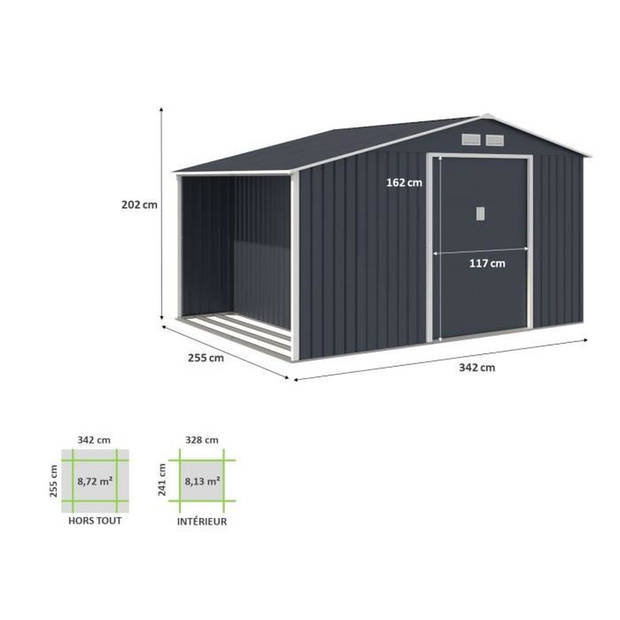 Metalen tuinschuur - 8,72 m² - Ankerkit inbegrepen - Antracietgrijs