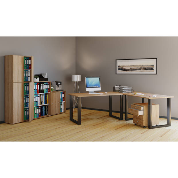 Lona hoekbureau 220x190x80 cm U-frame Sonoma eiken decor, zwart.