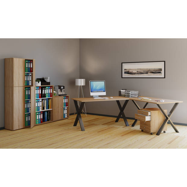 Lona hoekbureau 220x160x80 cm X-frame Sonoma eiken decor, zwart.