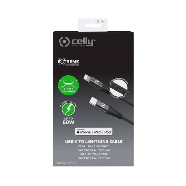 Celly - Extreme Kabel USB-Lightning USB-C 1 meter - Nylon - Zwart