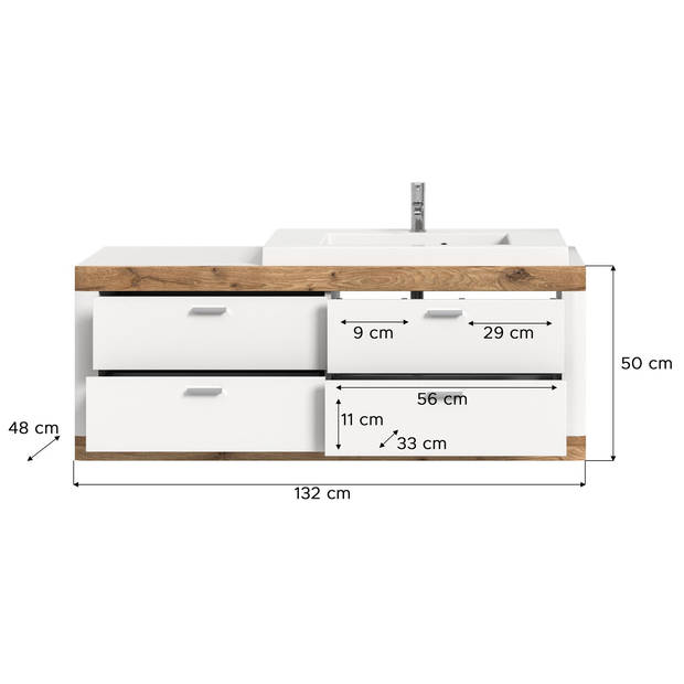 Laredo wastafel 132cm 4 laden mat wit,eik decor,wit.