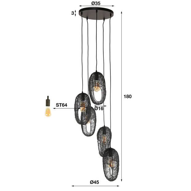 Hoyz Collection - Hanglamp 5L Open Oog Wire - Artic Zwart