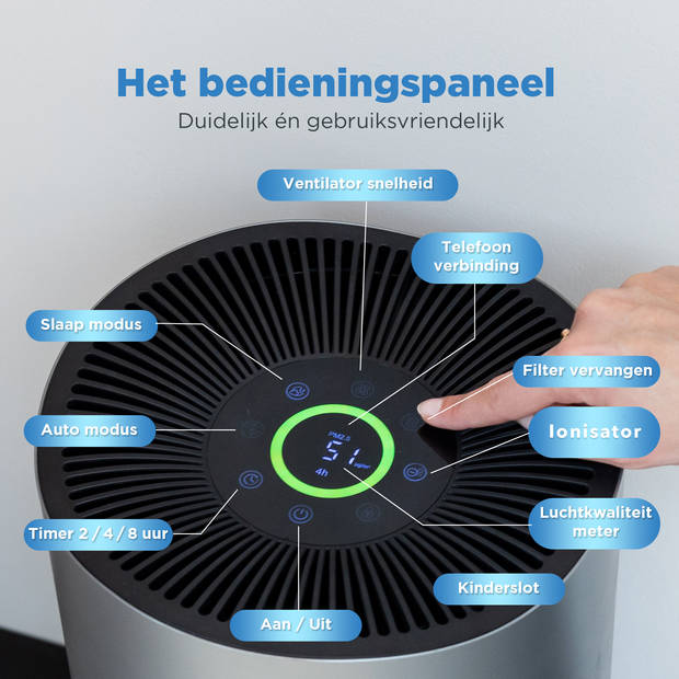 Vibrix Luchtreiniger Woonkamer - 150m2 - HEPA Filter - Ionisator - Air Purifier - Air Cleaner - PureFlow70 Pro