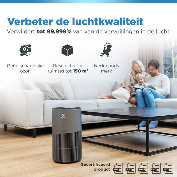 Vibrix Luchtreiniger Woonkamer - 150m2 - HEPA Filter - Ionisator - Air Purifier - Air Cleaner - PureFlow70 Pro