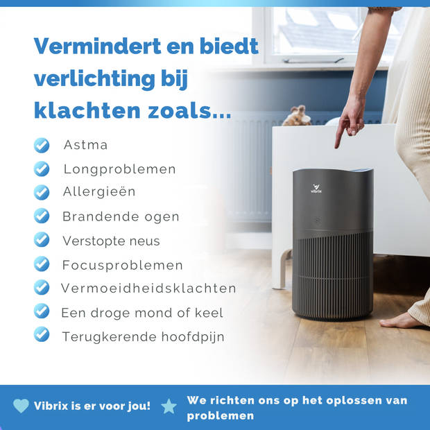 Vibrix Luchtreiniger Woonkamer - 70m2 - 2X HEPA Filter - Ionisator - Air Purifier - Air Cleaner - PureFlow70 pro