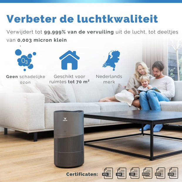 Vibrix Luchtreiniger Woonkamer - 70m2 - 2X HEPA Filter - Ionisator - Air Purifier - Air Cleaner - PureFlow70 pro