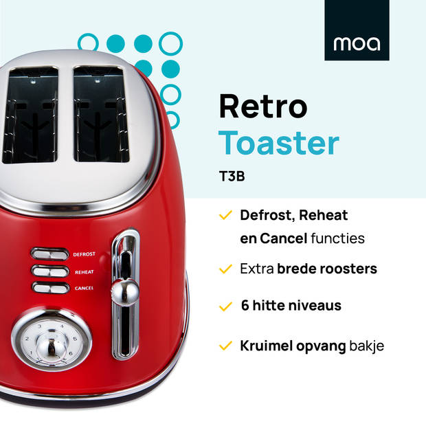 MOA Retro Broodrooster - 6 Warmteniveaus - 2 Extra Brede Sleuven - 850W - Reheat en Ontdooi-functie - Rood - T3R