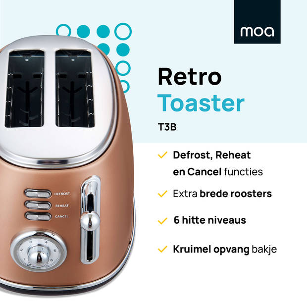 MOA Retro Broodrooster - 6 Warmteniveaus - 2 Extra Brede Sleuven - 850W - Reheat en Ontdooi-functie - Zwart - T3C