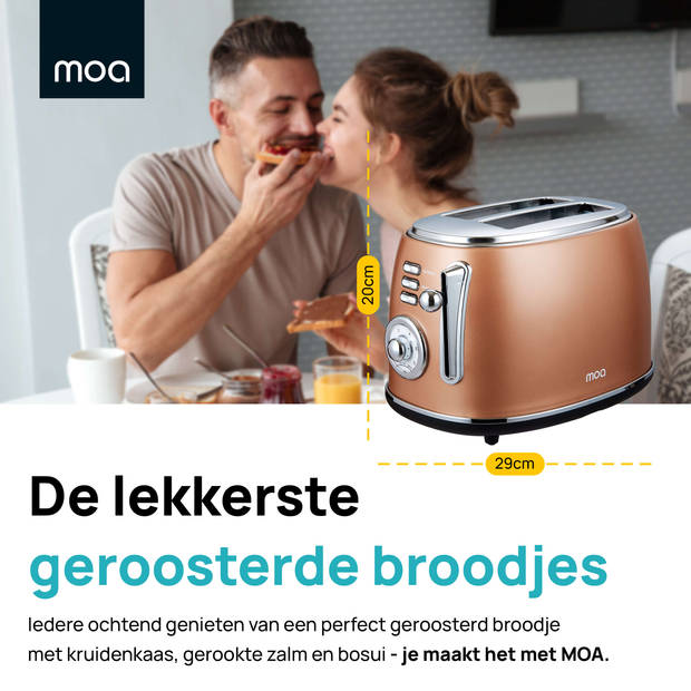 MOA Retro Broodrooster - 6 Warmteniveaus - 2 Extra Brede Sleuven - 850W - Reheat en Ontdooi-functie - Zwart - T3C