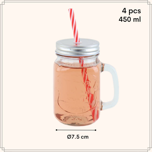 OTIX Mason jar - Drinkbeker - met Rietje - Set van 4 - Zilvere dop - 450 ml