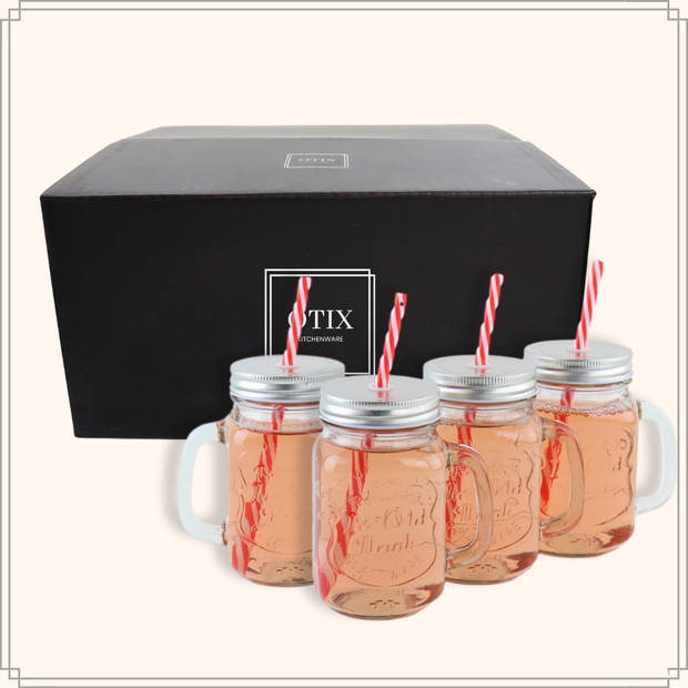 OTIX Mason jar - Drinkbeker - met Rietje - Set van 4 - Zilvere dop - 450 ml