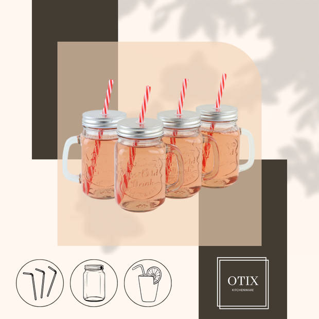 OTIX Mason jar - Drinkbeker - met Rietje - Set van 4 - Zilvere dop - 450 ml