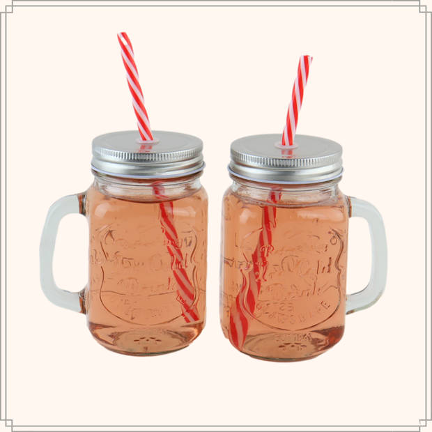 OTIX Mason jar - Drinkbeker - met Rietje - Set van 4 - Zilvere dop - 450 ml