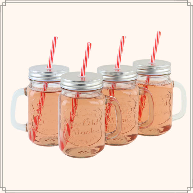 OTIX Mason jar - Drinkbeker - met Rietje - Set van 4 - Zilvere dop - 450 ml