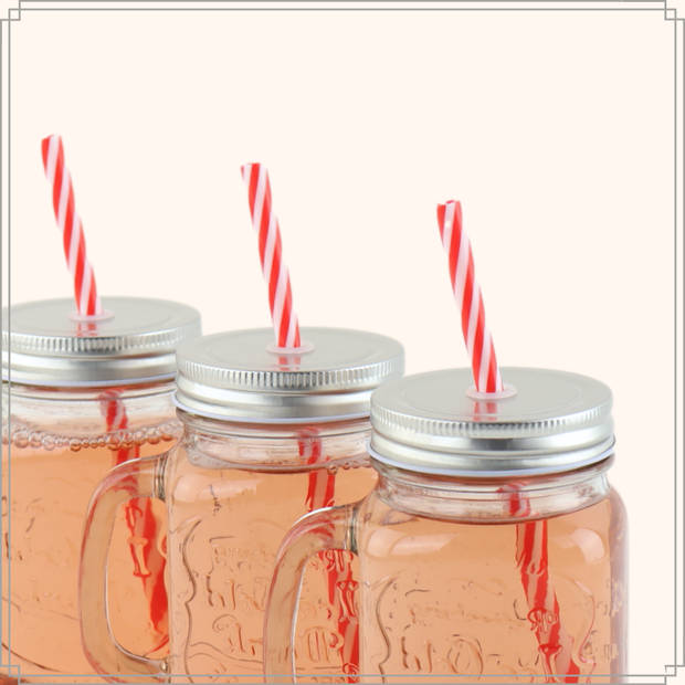 OTIX Mason jar - Drinkbeker - met Rietje - Set van 4 - Zilvere dop - 450 ml