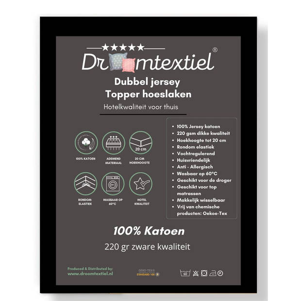 Droomtextiel Topper Hoeslaken Dubbel Jersey Zwart - 140x200 cm - 100% Zacht Katoen
