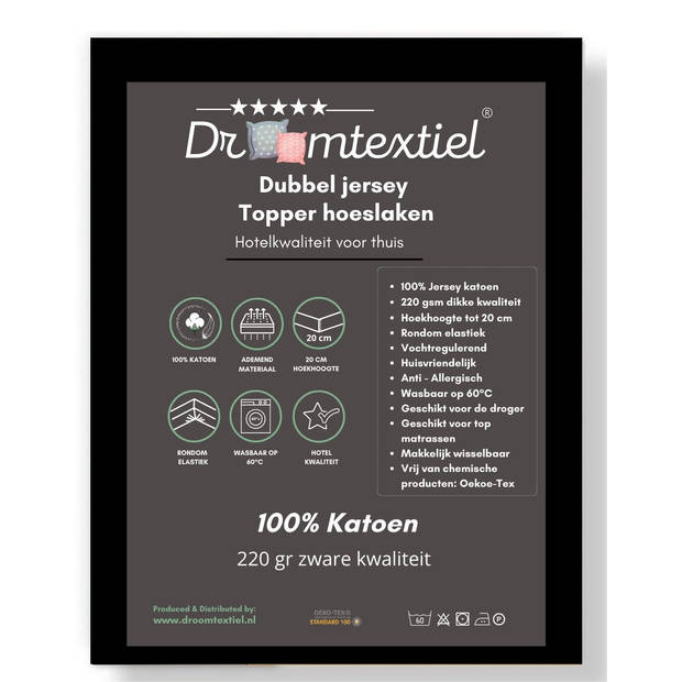 Droomtextiel Topper Hoeslaken Dubbel Jersey Zwart - 180x210 cm - 100% Zacht Katoen