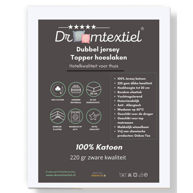 Droomtextiel Topper Hoeslaken Dubbel Jersey Wit - 80x200 cm - 100% Zacht Katoen