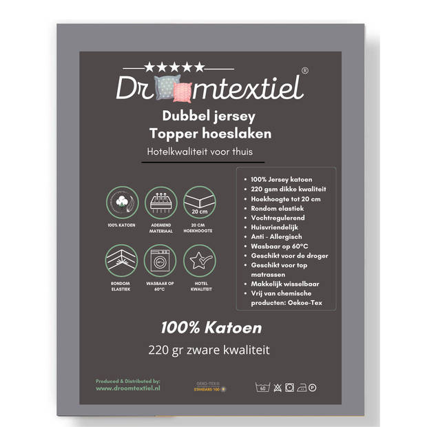 Droomtextiel Topper Hoeslaken Dubbel Jersey Grijs - 160x200 cm - 100% Zacht Katoen
