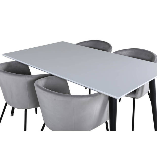 Jimmy150 eethoek eetkamertafel uitschuifbare tafel lengte cm 150 / 240 wit en 4 Berit eetkamerstal velours grijs.